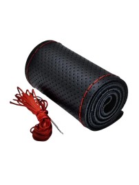 Черен кожaен калъф за волан 38 см с червен шев за кръгли и D-образни волани