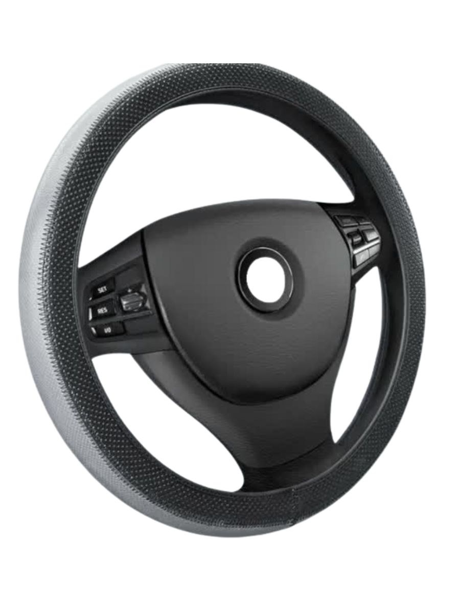 Калъф за волан от еко кожа - черно-сив, универсален 37-38 см