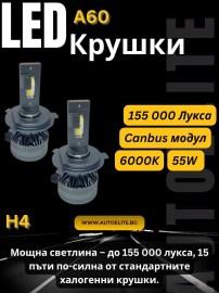Лед крушки H4 A60 – 155 000 Лукса, 55W, Canbus 6000K – Ултра мощна LED система за фарове