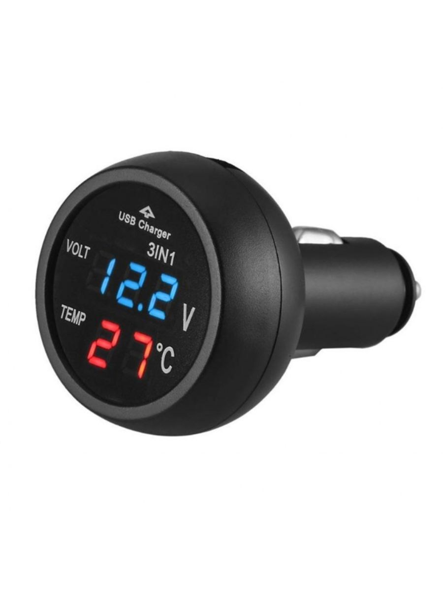 Мултифункционален дигитален уред 3 в 1 Волтметър Термометър и USB зарядно за автомобил