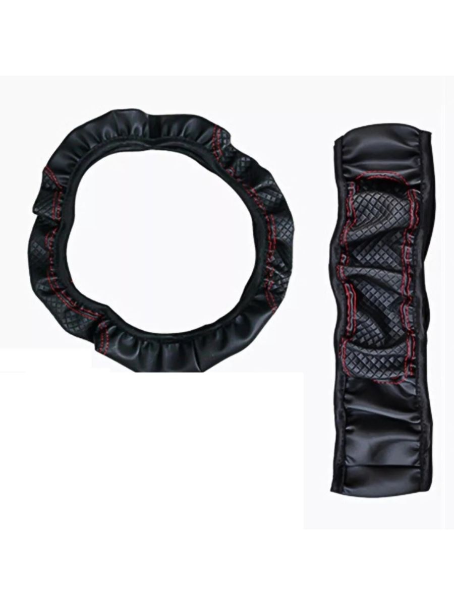 Универсален кожен калъф за волан - Черен с червени шевове 37-38 см